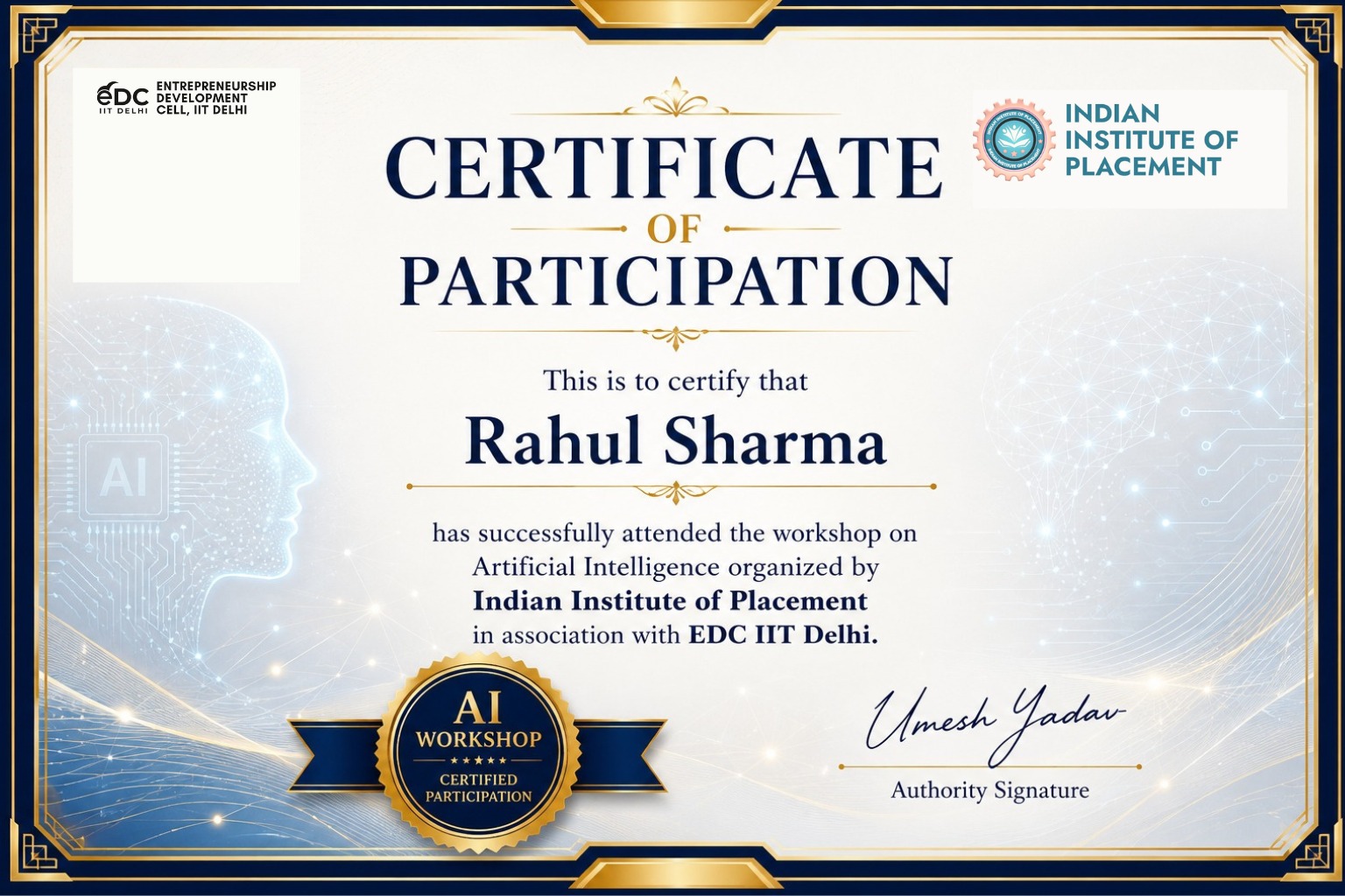 Certificate of Artificial Intelligence — sample